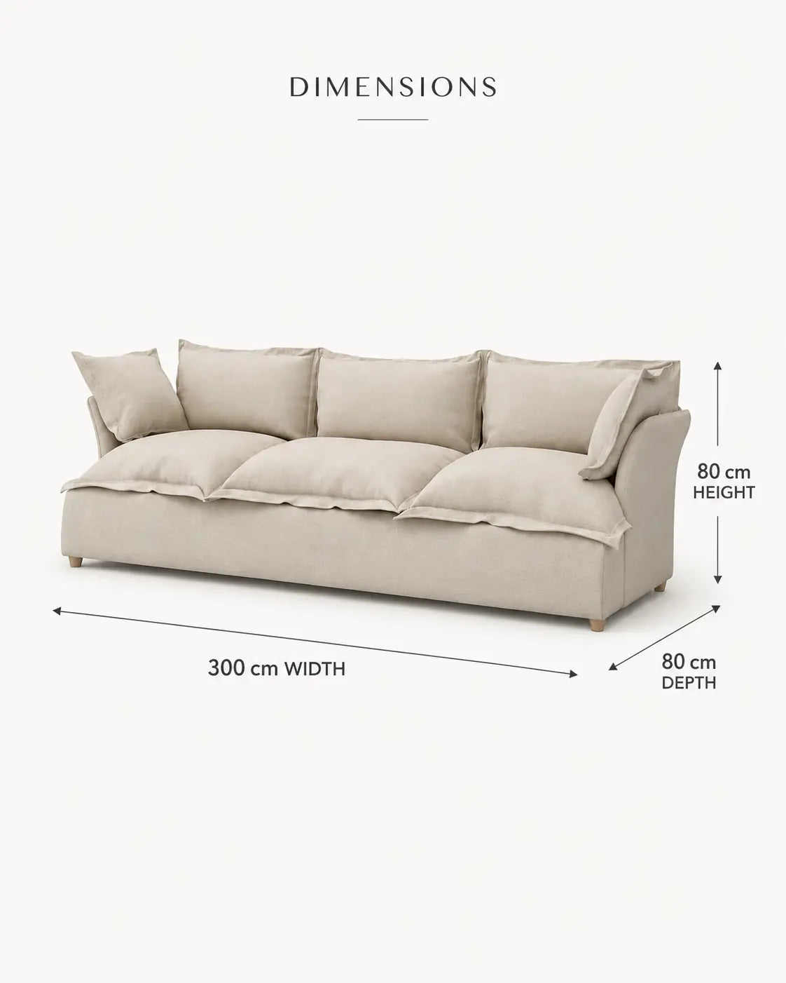 Avela three-seater sofa dimensions 300 by 80 by 80 cm