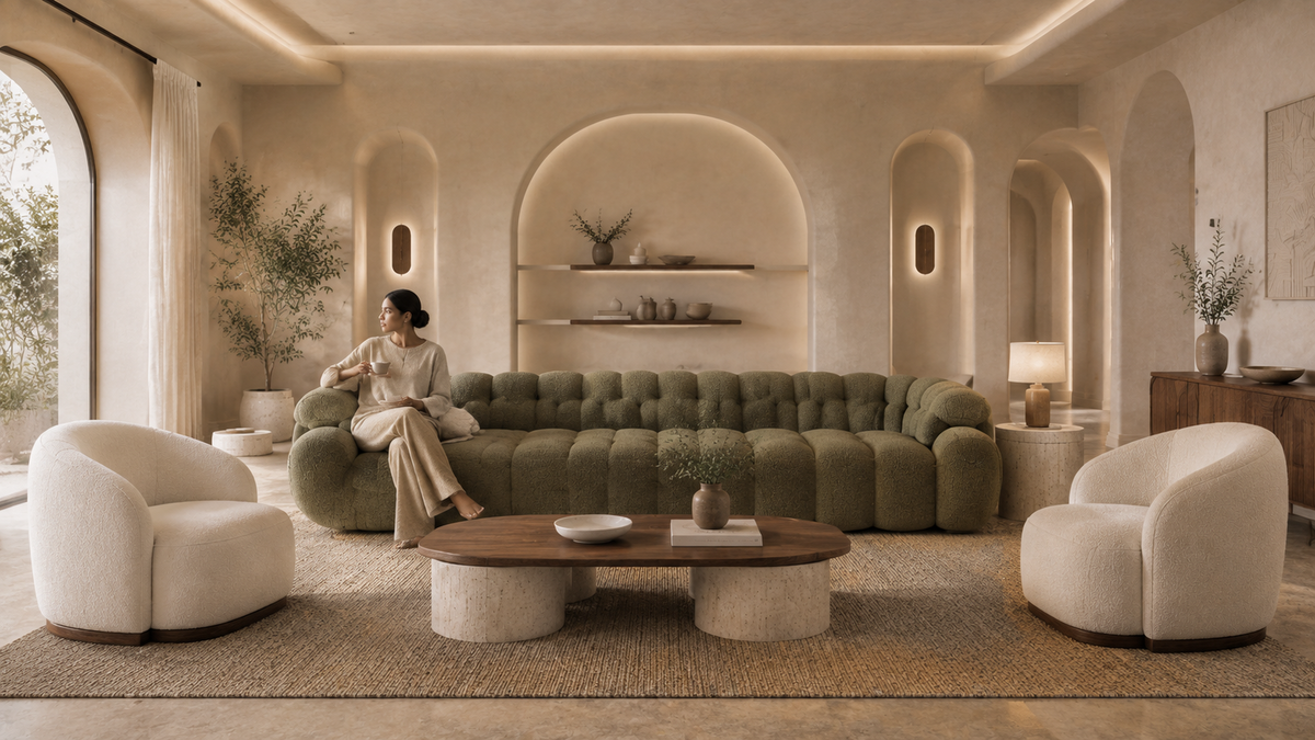 ILEERA luxury living room hero with coordinated sofa, lounge chairs and coffee table