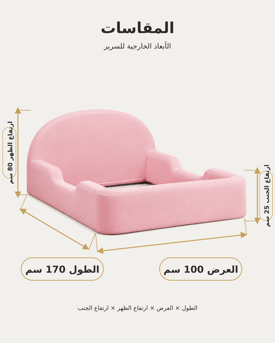 مقاسات سرير الأطفال الأرضي المبطن - طول 170 سم وعرض 100 سم وارتفاع ظهر 80 سم وارتفاع جنب 25 سم