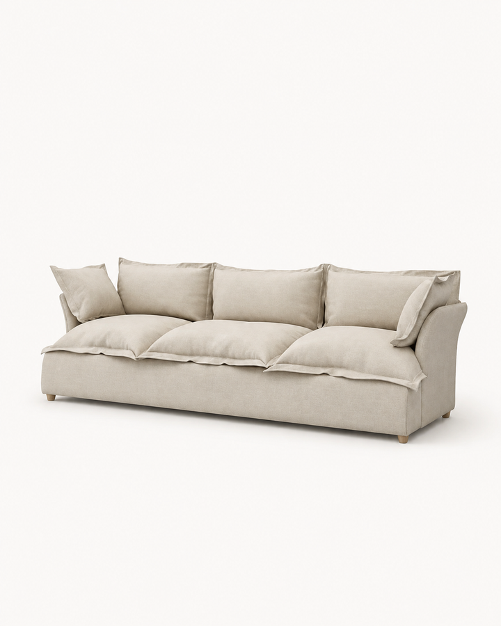 Avela three-seater sofa beige linen on soft white background
