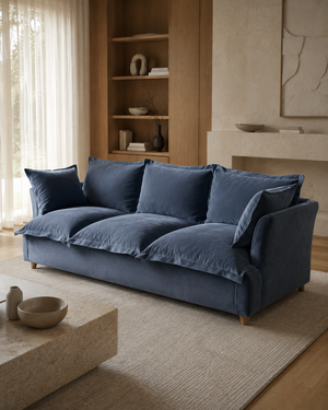 Avela three-seater sofa blue velvet in modern living room