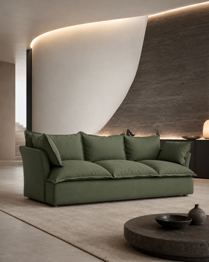 Avela three-seater sofa dark green linen in ultra-modern living room