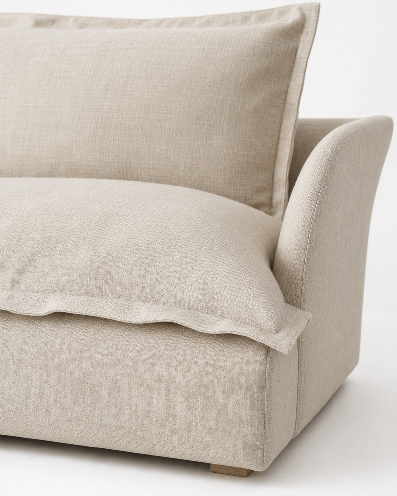 Avela three-seater sofa linen cushion seam and arm detail