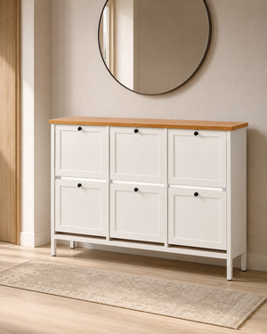 Cella shoe cabinet in a warm modern entryway