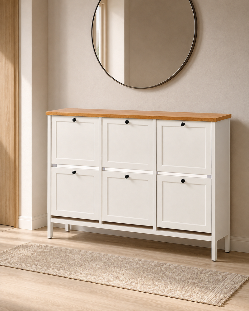 Cella shoe cabinet in a warm modern entryway