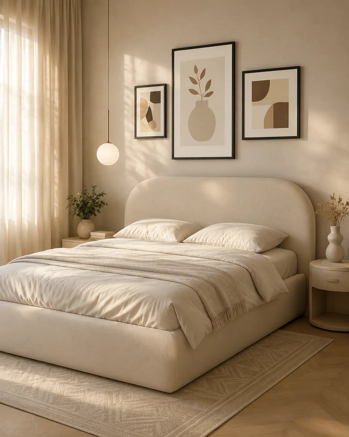 Elara upholstered bed in a warm bedroom