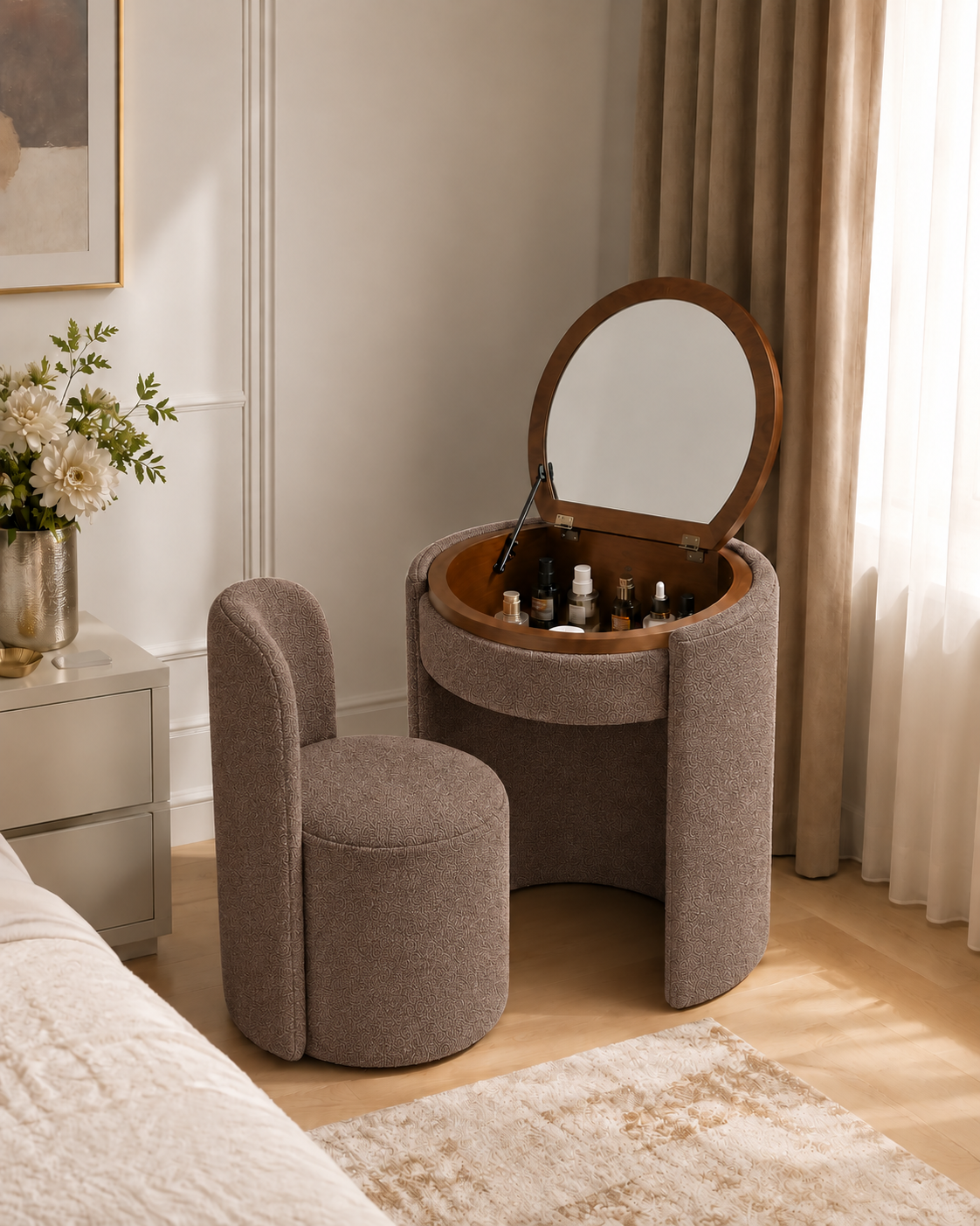 FARIDA foldable vanity table and chair in warm taupe brown — lifestyle view