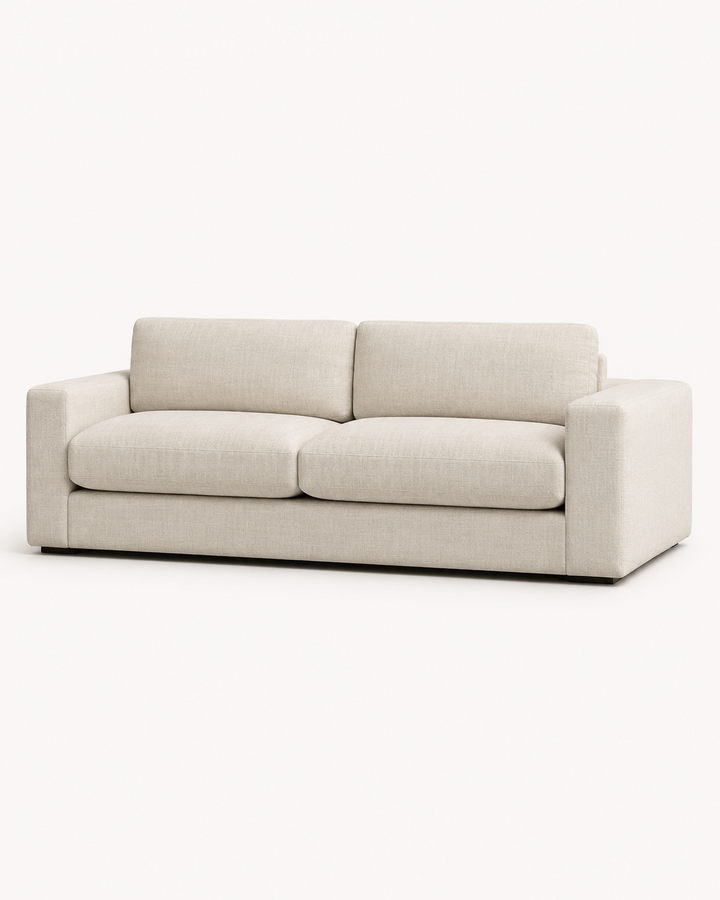 Linea two-seater sofa beige linen on soft white background