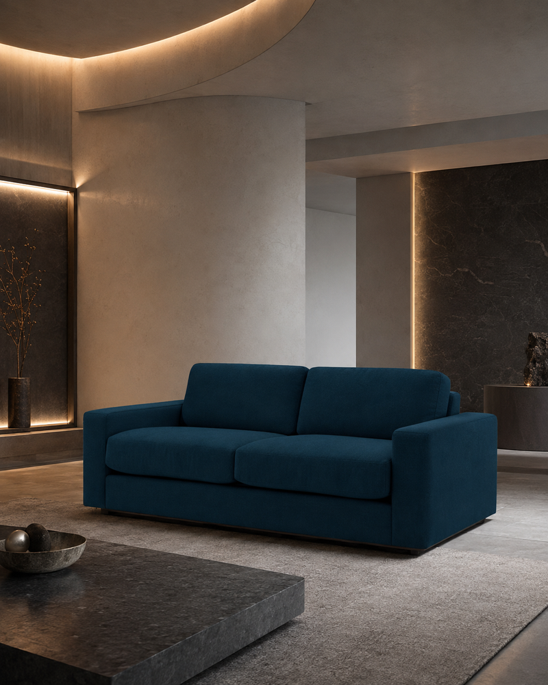 Linea two-seater sofa dark blue linen in ultra-modern interior