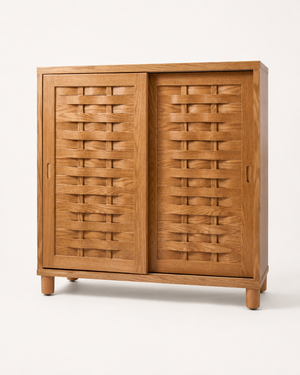 Looma woven sliding shoe cabinet on ILEERA soft off-white background