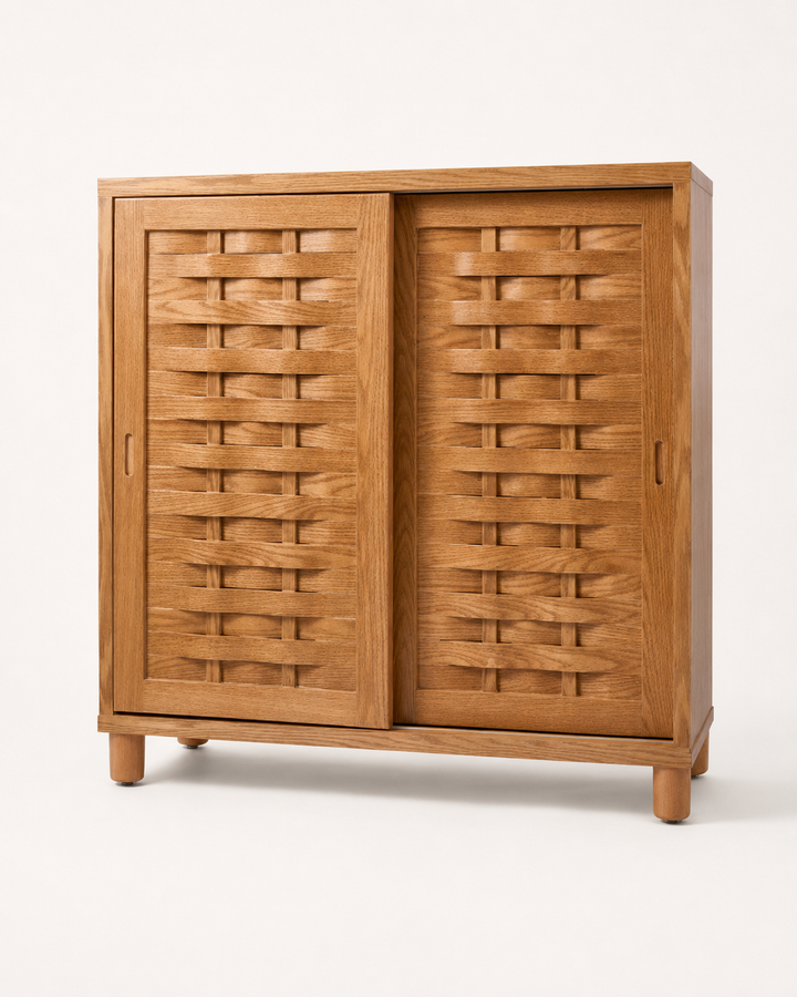Looma woven sliding shoe cabinet on ILEERA soft off-white background