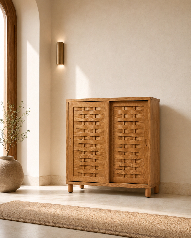 Looma shoe cabinet in a warm modern entryway