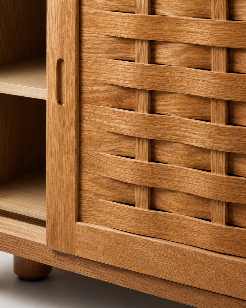 Looma interwoven wood door and recessed handle detail