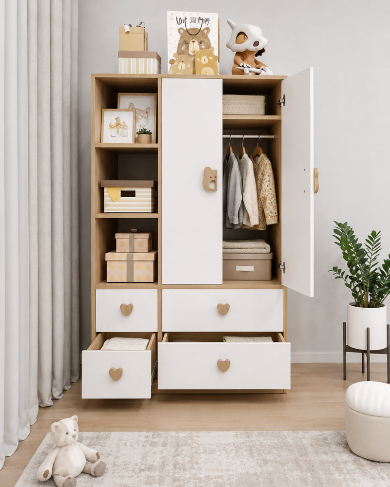 Lumi – Kids Wardrobe with Drawers | White & Beige – صورة استخدام عملية