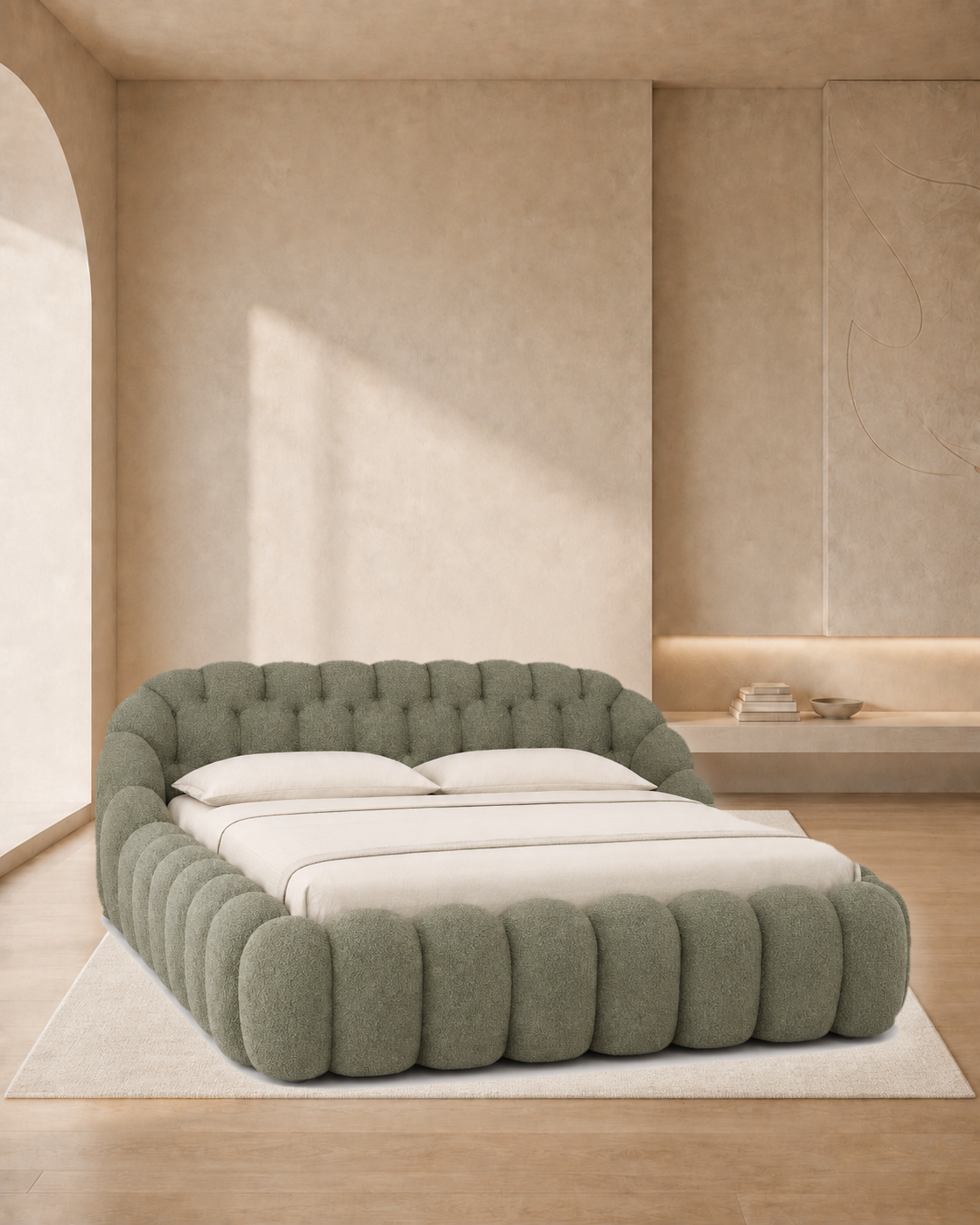 Mallow sculptural bouclé bed in a warm minimal bedroom