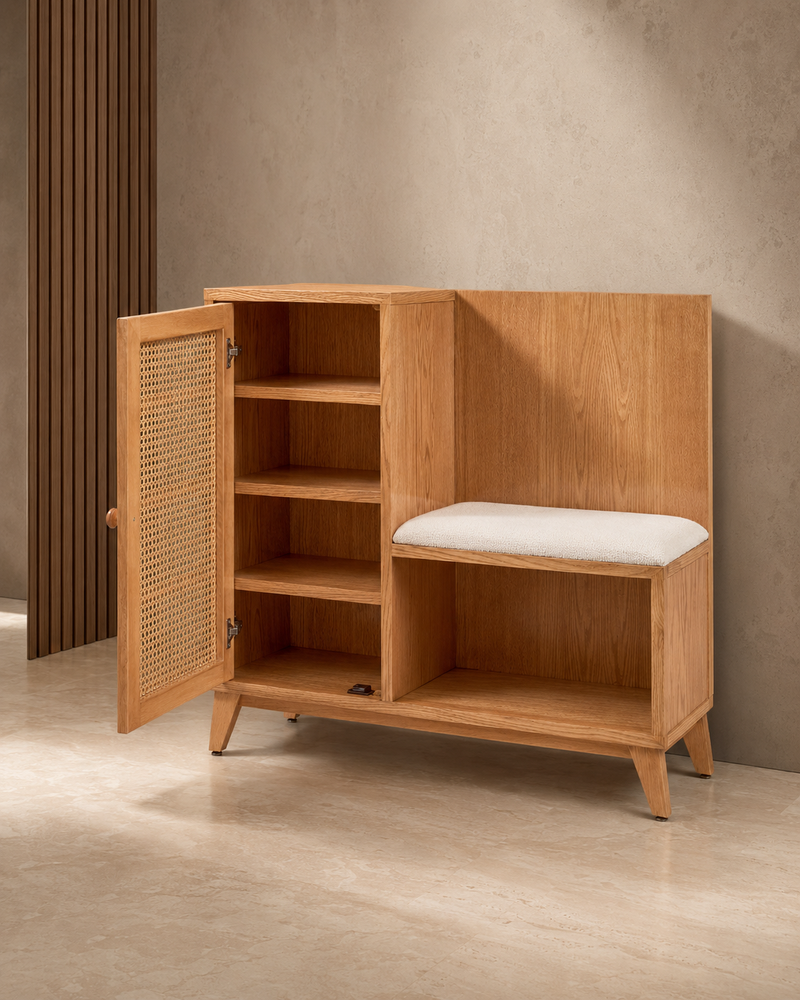 Nara shoe bench with cane door open showing shelves