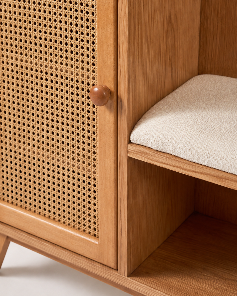 Nara natural cane, wood and ivory cushion detail