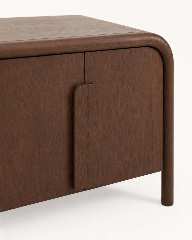 Close-up of Naya TV unit natural veneer and rounded frame