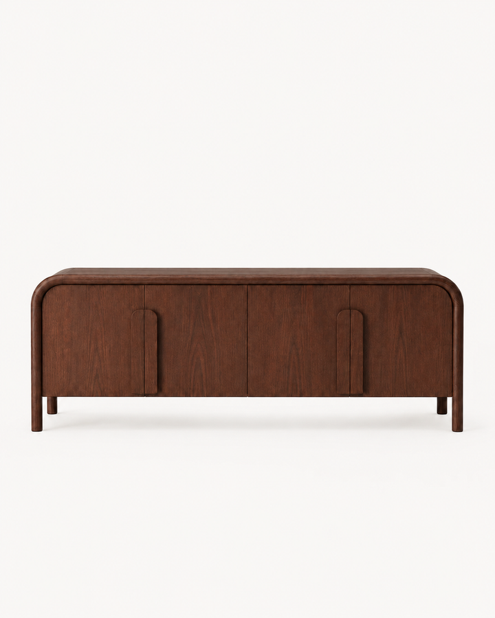 Naya curved wooden TV unit in Mahogany front view