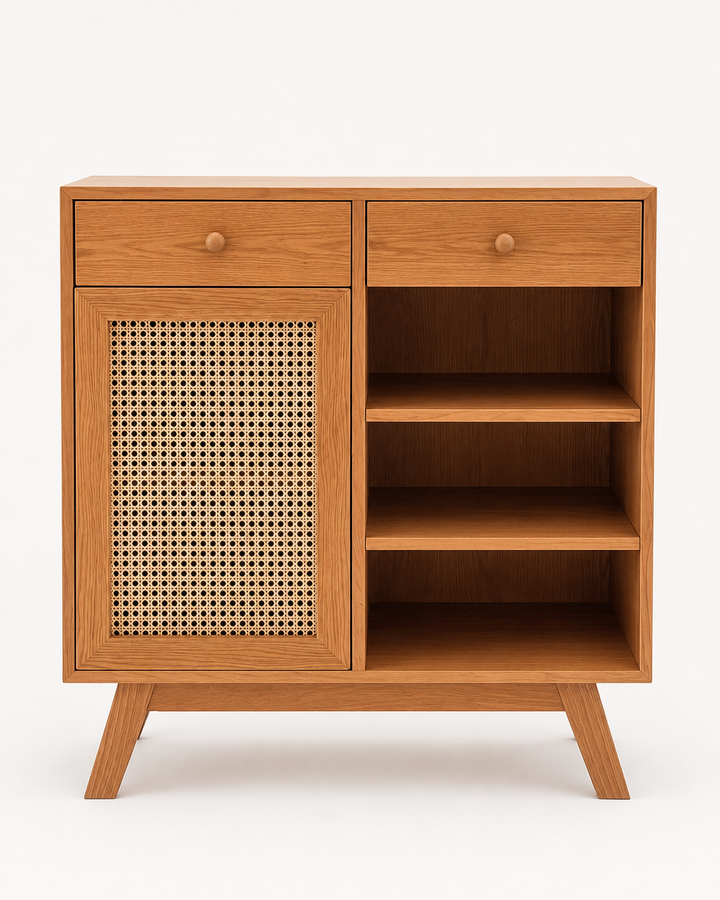 Nola rattan coffee bar cabinet in Oak front view