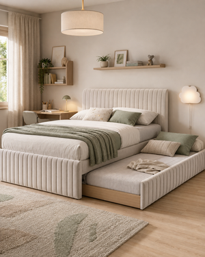 Linea – Channelled Pull-Out Bed | Beige – صورة لايف ستايل