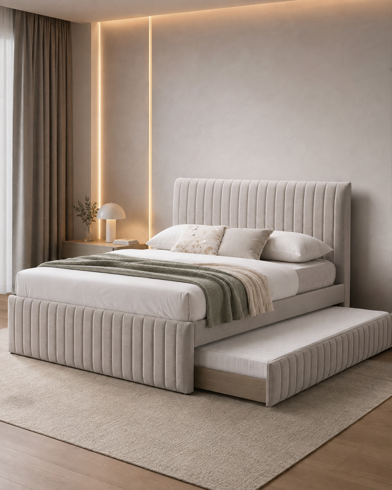 Linea – Channelled Pull-Out Bed | Beige – صورة استخدام عملية
