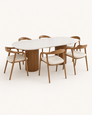 Riva fluted marble dining set – studio view