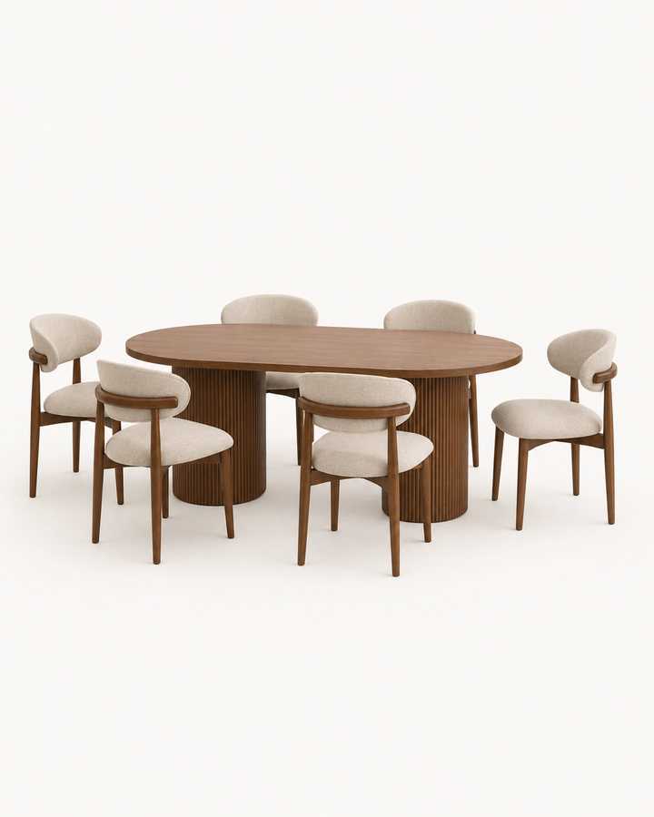 Selva seven-piece dining set brown and beige on soft white background