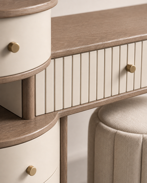 Serena vanity fluted drawer, wood and upholstery detail