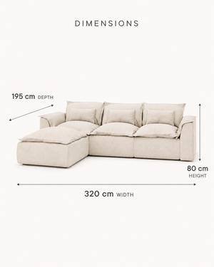 Sora Cloud L-shape sofa dimensions 320 by 195 by 80 cm