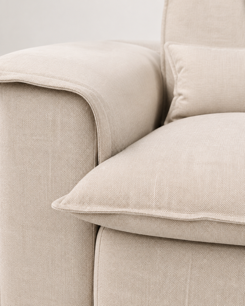 Sora Cloud L-shape sofa beige fabric and stitching detail