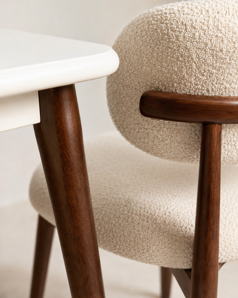 Vanna dining set – white top, beech and bouclé detail