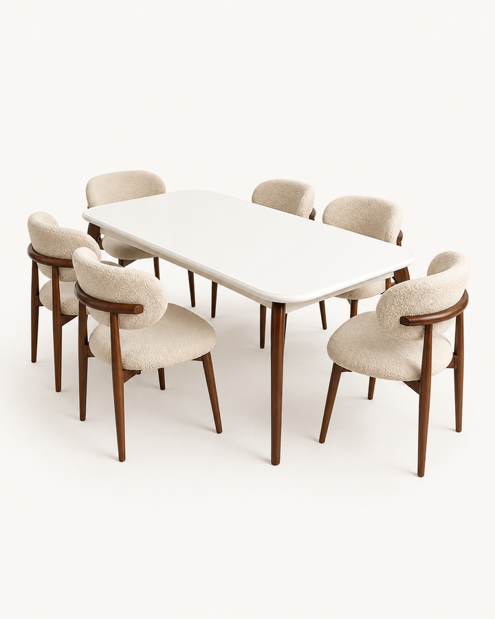 Vanna white-top bouclé dining set – studio view
